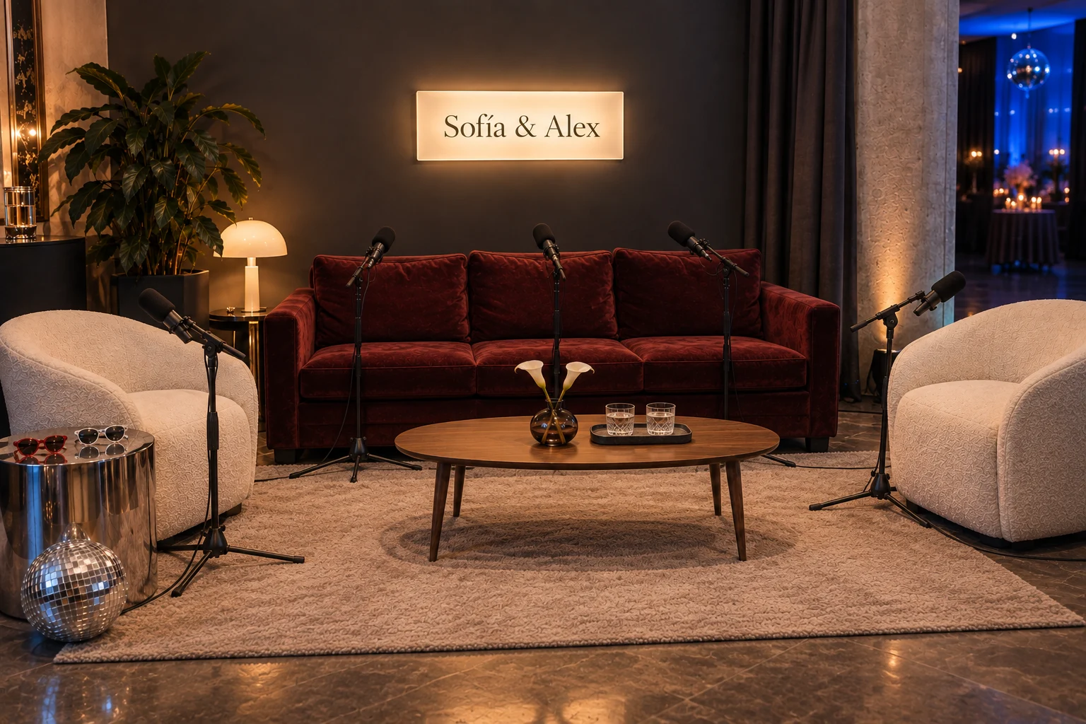 Configuración con sofá de tres plazas, dos sillones y cinco micrófonos