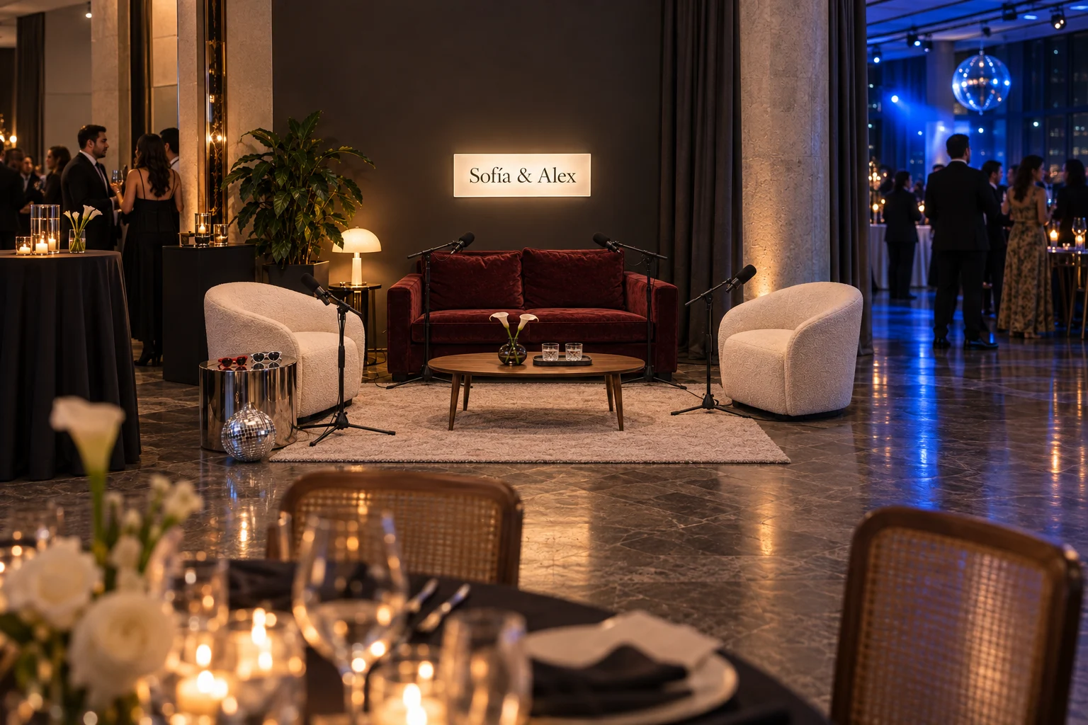 Salón de boda de noche con el set integrado en la decoración