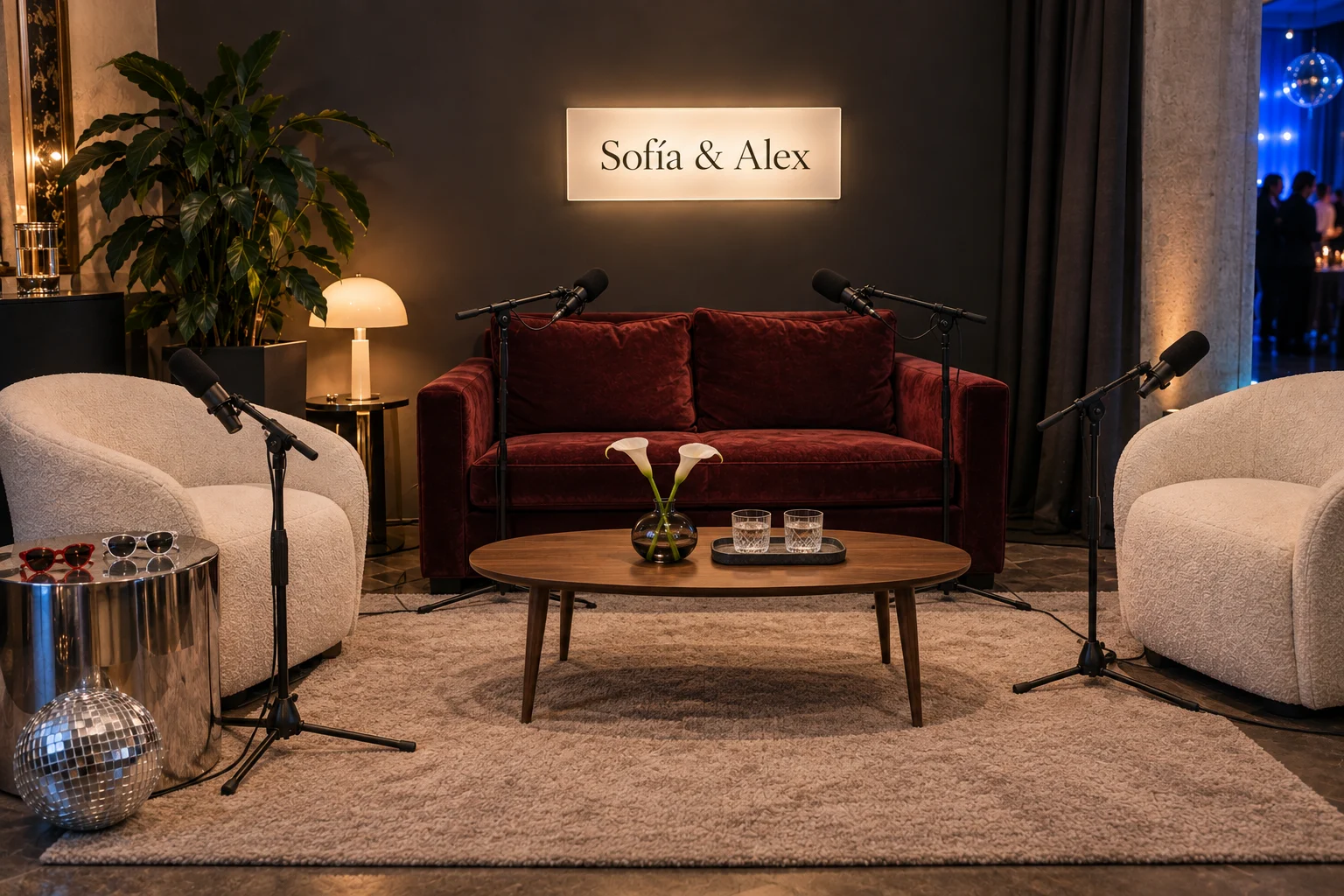 Set de referencia con sofá vino, sillones crema, mesita de nogal y micrófonos